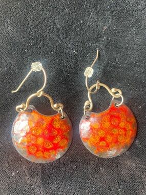 Hand Crafted Red and Orange Round Enamel Drop Earrings
